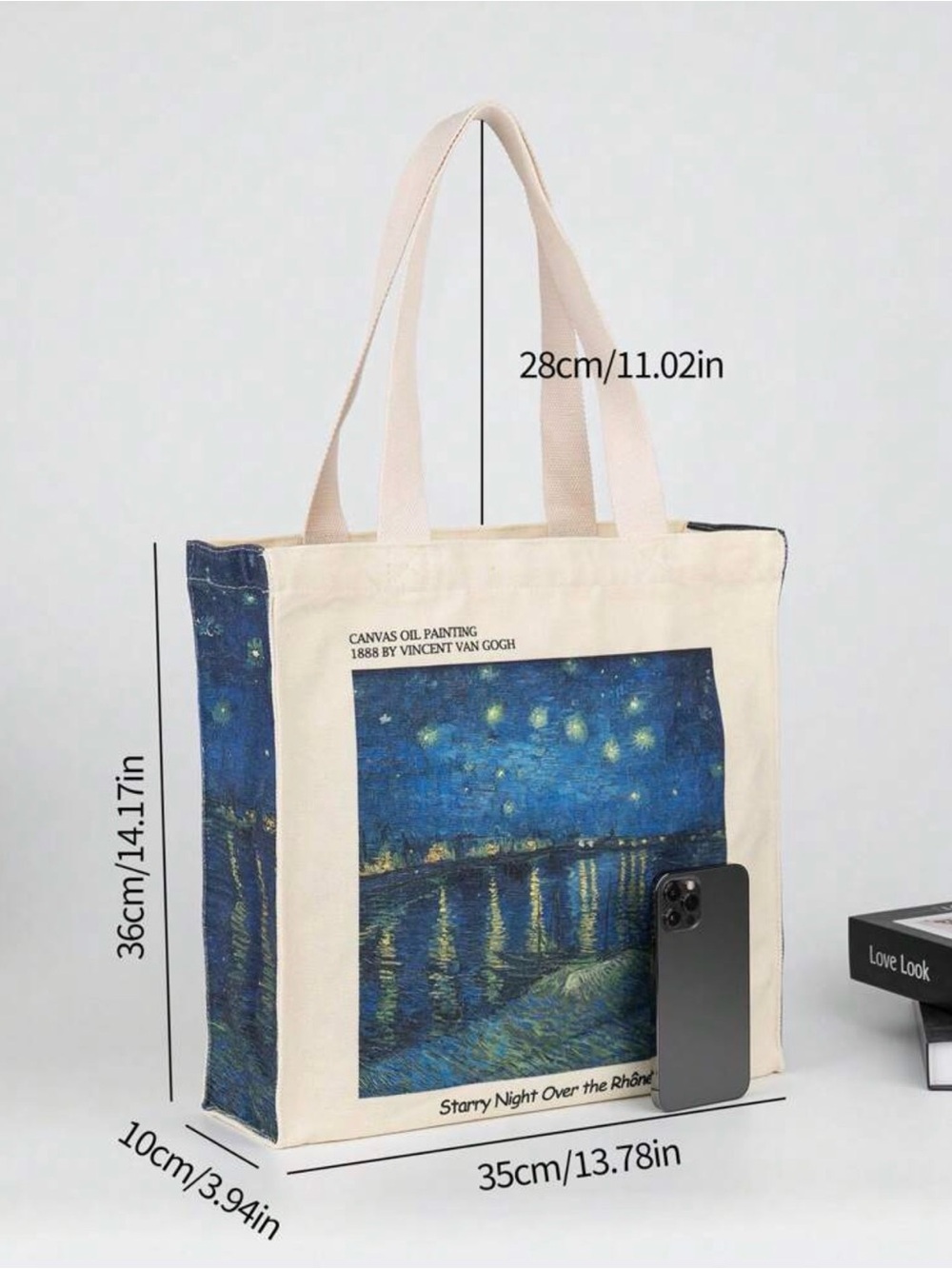 Canvas Tote Bag with Starry Night Print - Beige